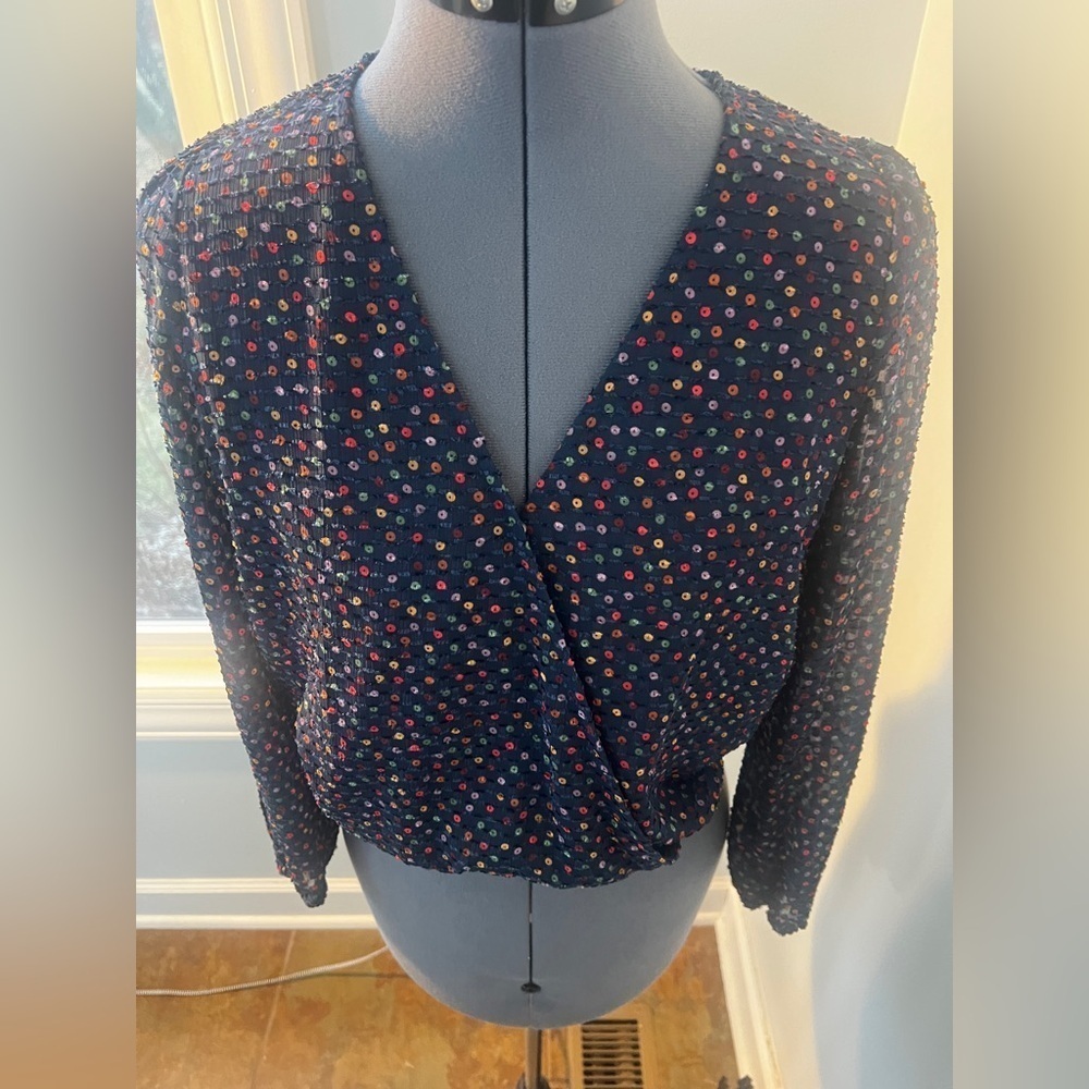 Madewell Sz XS Blue Lyric Lined Wrap Sugar Dot multi color dots Blouse